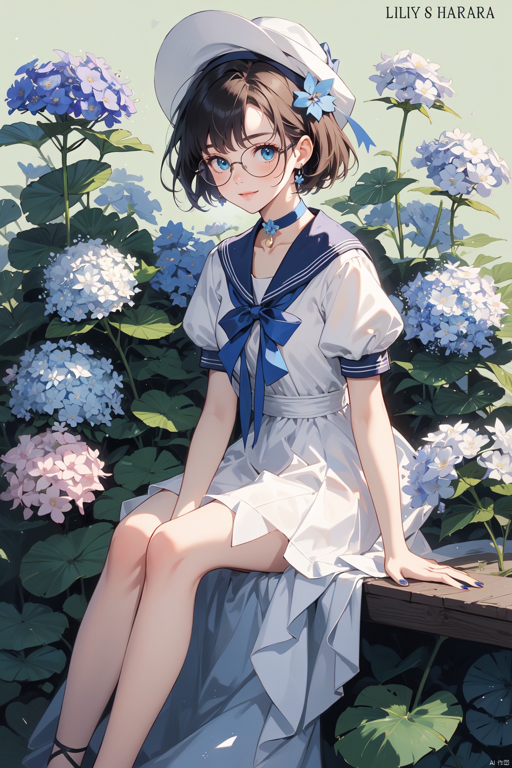  1girl, blue_bow, blue_choker, blue_flower, blue_nails, blue_ribbon, character_name, choker, copyright_name, daisy, dress, floral_background, flower, full_body, glasses, green_eyes, hat, holding, holding_flower, hydrangea, leaf, lily_\(flower\), lily_of_the_valley, lotus, morning_glory, plant, ribbon, sailor_collar, short_hair, short_sleeves, sitting, smile, solo, white_flower, white_headwear