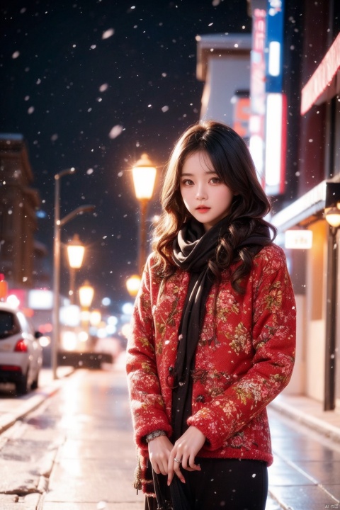  a girl,red wavy long curly hair, beautiful and detailed eyes, scarf, sweater, winter, snowing, standing under the street lamp, upper body, night, night, backlighting,kamisama, northeast big flower jacket, northeast big flower jacket