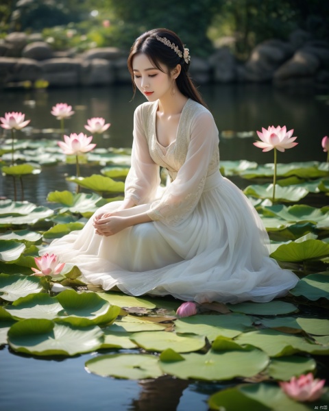 a Chinese girl sitting by lotus pond, wearing flowing traditional dress, subtle smile, thoughtful gaze, peaceful surroundings, blooming lotuses, calm water, sunlight through leaves, dappled light on girl, serene and romantic atmosphere, anthropomorphic, photo-real, shot on a 50mm lens, classic composition, masterpiece, exquisite, color correction, amazing visual effects, crazy details, intricate details, sharp focus, super high effect, HD, 16k