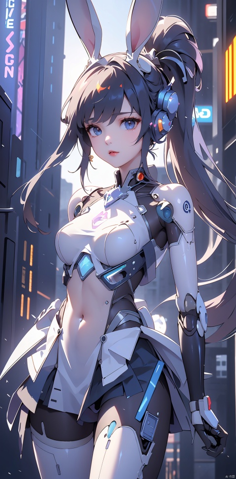  (Masterpiece, best picture quality), Cyberpunk, girl, rabbit ears,((metal and transparent shell | splicing robot)), transparent belly:1.1, metal spine:1.2, ircraft background,skirt,dynamic,perspective, xiaowu, 1 girl