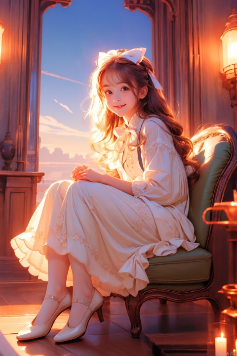  1girl, solo, pantyhose, green eyes, white pantyhose, center frills, long hair, long sleeves, frills, bow, no shoes, sitting, shirt, hair between eyes, skirt, white shirt, smile, chair, bangs, hair bow, looking at viewer, very long hair, closed mouth, blush, frilled skirt, on chair, sleeves past wrists, full body, indoors, black skirt, suspender skirt, green theme, green bow, white bow, feet, plant, white hair, puffy long sleeves, day, suspenders,pantyhose, backlight, cute girl, Solid background, (\shen ming shao nv\)