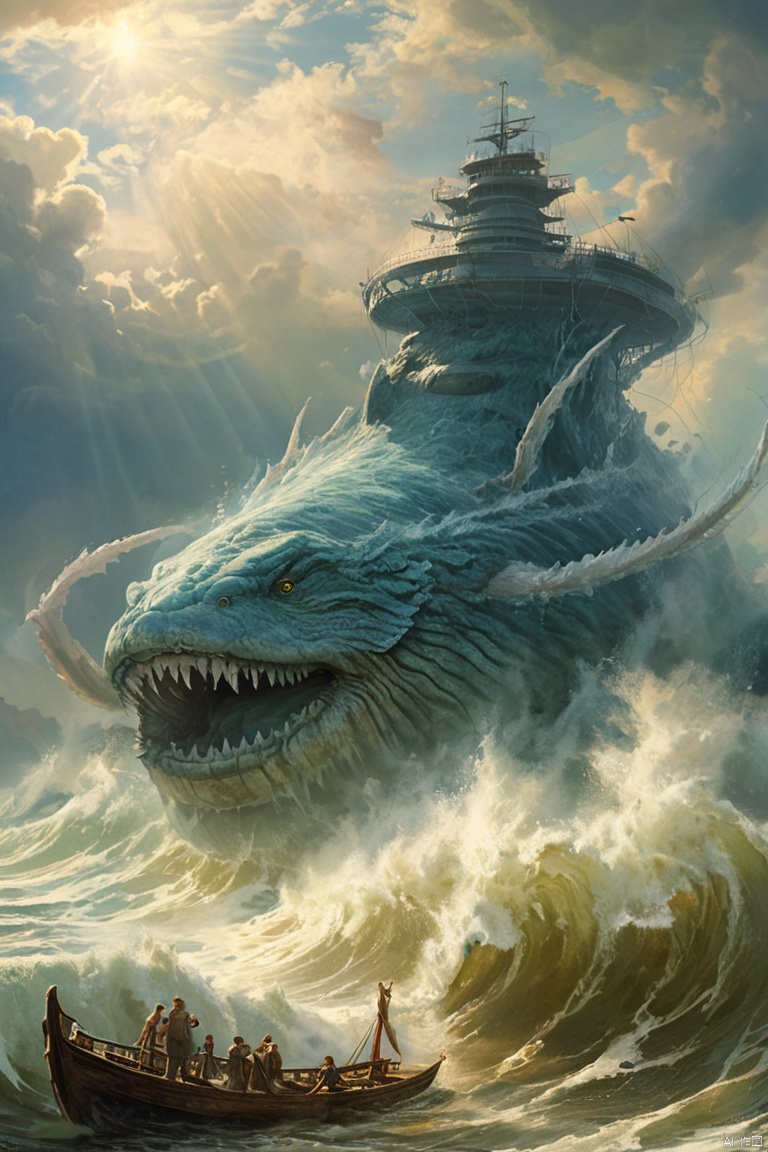  The fierce Leviathan, its scales a deep oceanic blue, rises from the depths of the sea to confront a fleet of naval warships armed with cannons and torpedoes, its mighty tail churning the waves into a frothy maelstrom that capsizes several vessels, as it spews forth a geyser of water that drenches the sailors in salty brine.