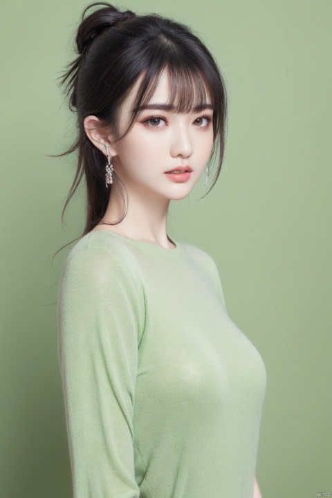  1girl, solo, looking at viewer, bangs, black hair, brown eyes, jewelry, closed mouth, upper body, earrings, medium hair, from side, sweater, lips, makeup, leaf, plant, green background, green theme, green sweater, realistic, Chinese style, 30710, white pantyhose, guofengZ