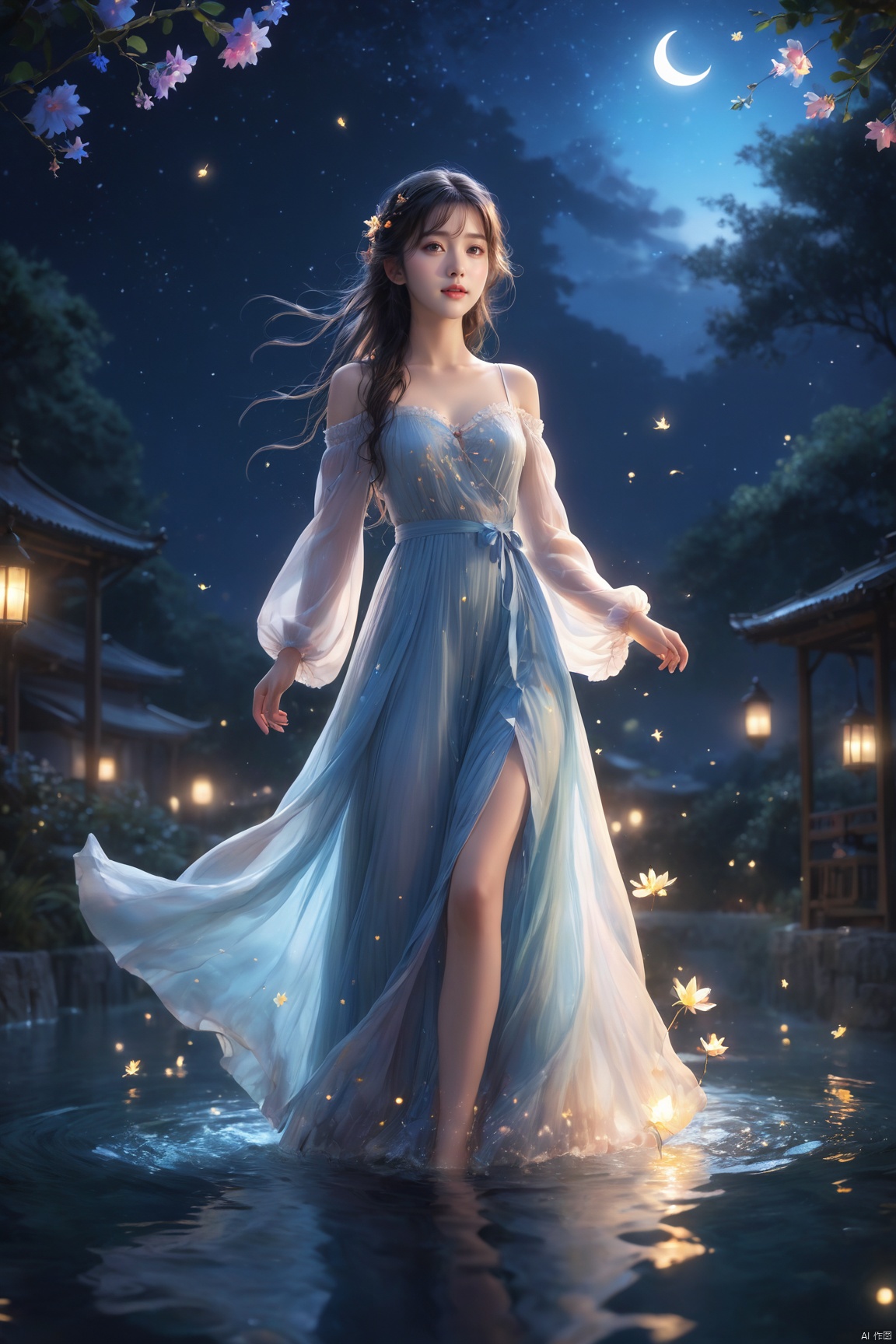  (masterpiece), (best quality), illustration, ultra detailed, hdr, Depth of field, a girl, full body, magic, solo focus, masterpiece, gradient background, summer, best quality, star, deep night, wind, flying flowers,colorful flowers, fireflies, crescent moon, 1 girl, blue long hair, Beautiful and meticulous eyes, small breast, beautiful detailed,off shoulder, beautiful dress,long sleeves ,perfect hand, strong rim light, anime screenshot, bare feet, step in water, solo focus, extremely detailed wallpaper,cinematic lighting, painting, girl, glow, Hazy light,Floodlight, 1girl