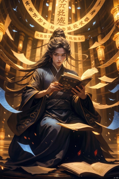  (Masterpiece), (Best quality), (Detailed details), 1girll, Holding a magic book,opened book,cabelos preto e longos,Hanfu, (Surrounded by spells:1.2), Flowing reels,,(Blue runes), Best picture quality, 3Drenderingof, Looking up, ultra-wide-angle, fish eye, Lens focus,Full body photo, 16k, hyper HD, A high resolution, Very detailed, Best picture quality,hand101
