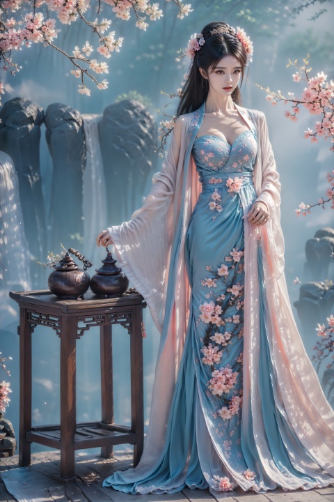  1girl, long hair, breasts, looking at viewer, hair ornament, long sleeves, dress, cleavage, indoors, wide sleeves, white dress, chinese clothes, table, realistic, Hanfu,(huge and full breasts: 1.3), (full breasts), necklace, tree, outdoor, outside,Flower Sea, Cliff Edge, full body, Bare shoulders,white hair, black hair,Headbands,swing,waterfall, 

robe
veil
cloak
jewelry
standing
lake
Light green mixed with light gray style hair, yifu, sdmai, fengwu, han style, dress floral print,