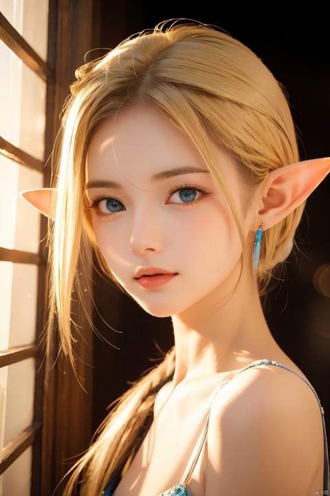  1 girl, normal chest, look at viewer, face portrait, elf, short elf ear, silky skin,surreal photography of a stunningly beautiful, blonde hair, blue eyes, intricate detailed, glowing, highly detailed, masterpiece, light particle, colourful light particles, concept art, 8 k,1girl navia, perfect split lighting