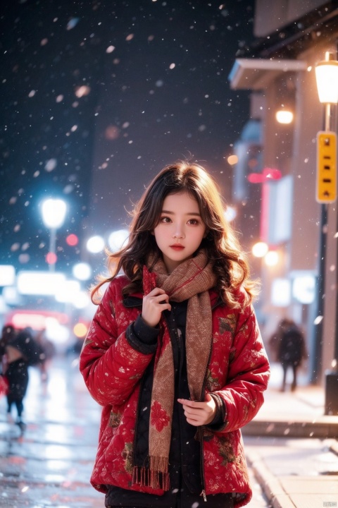  a girl,red wavy long curly hair, beautiful and detailed eyes, scarf, sweater, winter, snowing, standing under the street lamp, upper body, night, night, backlighting,kamisama, northeast big flower jacket, northeast big flower jacket