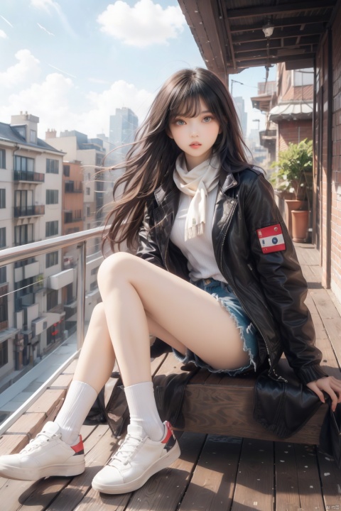  nai3, 1girl, long hair, thighhighs, solo, black hair, white thighhighs, shorts, holding, sitting, green eyes, bird, white footwear, shoes, black shorts, scarf, sneakers, jacket, looking at viewer, outdoors, bangs, long sleeves, shirt, open clothes, full body, short shorts, can, black jacket, sky, holding can, railing, ribbon, black shirt, day, open jacket, parted lips, white ribbon, building, black scarf, crow, cityscape, rooftop