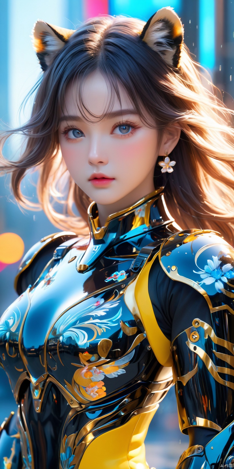  Color difference, soft light, (masterpiece), (best quality), (detail), (masterpiece), (high resolution), (perfect face), glowing eyes, ((Flower city)), (street), daytime, natural light, rain, reflection, blue eyes, Rococo, perspective, city street, ((1 girl)), blush, delicate facial portrayal, solo, 1 girl, 1/3 suit, cute, ultra high resolution, woman, (black clothes ), (collar), (Bright skin :1), (Bright skin :1.1), (Delicate beautiful eyes :1.2)8K resolution, best picture quality (masterpiece), best quality, beautiful woman, youthful and beautiful beauty, (bishoujo), (masterpiece, best quality, official art, extremely detailed CG8k wallpaper), game_CG, exquisite and beautiful masterpiece, details, 3D rendering, 3A masterpiece, thick paint, highest quality, black armored and sassy female general , long black hair, fluffy black tiger ears, exquisite and beautiful big eyes, misty pupils, ((glossy light-colored lips)), (detailed facial features), ((elegant embroidered tiger cloak)) , ((luminous black tiger pattern armor)), (black tiger pattern greaves), good figure, ((black tiger tail behind)), (((mecha female general))), mechanical high heels, mechanical outerwear Skeleton armor, black painted body, black eyes, neck protectors, tactical leg knee pads, ((single exoskeleton armor)), mechanical headgear, black mechanical clothes, chest mechanical armor, 8K resolution, best image quality (Masterpiece), Best Quality, (Octane Rendering), (Masterpiece, Best Quality, Official Art, Extremely Detailed CG8k Wallpapers)