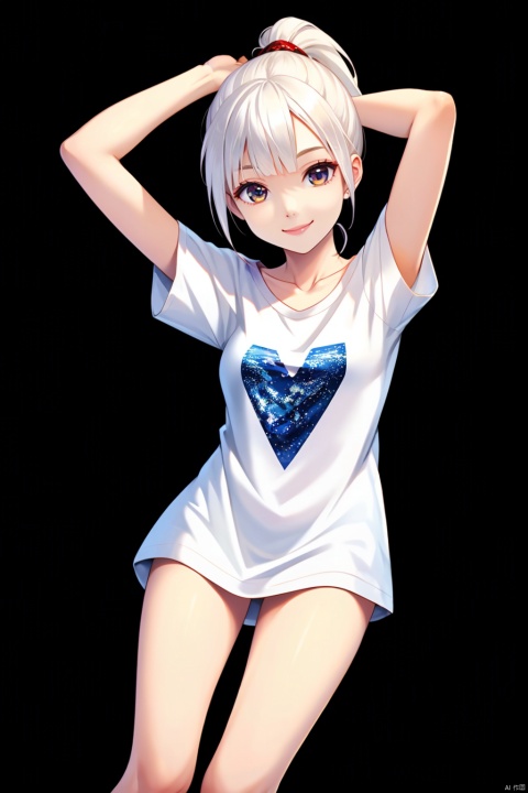  (highly detailed),best quality,1girl,(((breasts out))),((loose t-shirt)),collarbone,bare legs,little smile,white hair,high ponytail,flat chest,arms up,