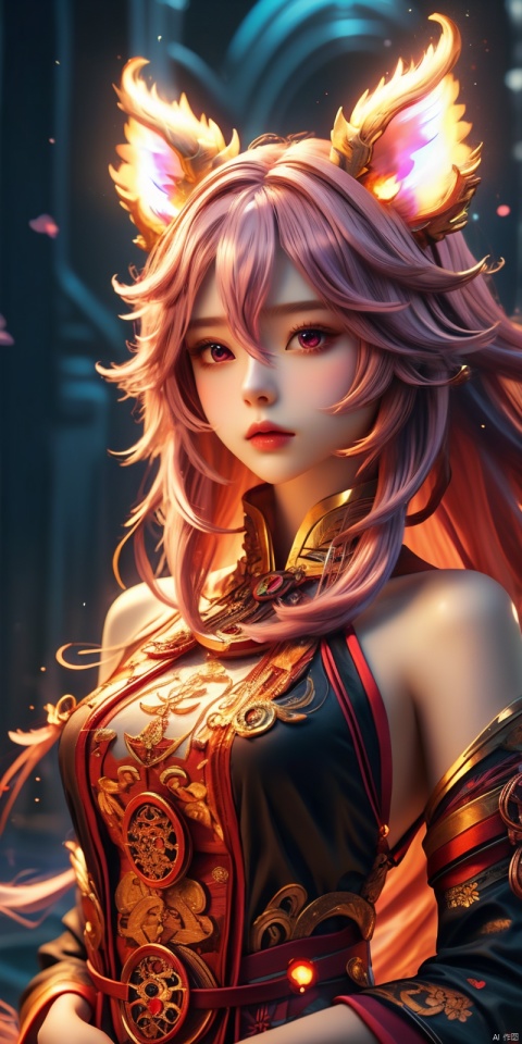  masterpiece, 1 girl, Look at me, Long hair, Flame, A magical scene, glowing, Floating hair, realistic, Nebula, An incredible picture, The magic array behind it, Stand, textured skin, super detail, best quality, ,,dress, ((poakl)), yae miko,purple eyes, pink hair, animal ears, bare shoulders, fox ears, heart, , long hair, , hair between eyes,pink hair,floating,