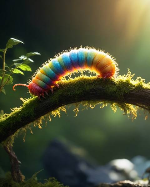 A photo of a rainbow colored caterpillar on a moss covered branch, backlit, translucent, glow hyper realistic, natural soft rim light, cinematic lighting, concept art by arti stincent