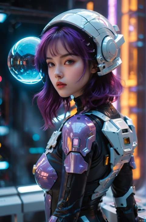  1girl, tight suit, 2001 A Space Odyssey, and the anime series G Force of the 1980s, Ghost In The Shell style, Darf Punk wlop glossy skin, ultrarealistic sweet girl, space helm 80s, holographic, holographic texture, the style of wlop, space, stands on a pedestal,( with spaceships in the background), surrealism, (Amethyst and Amber tone), busts, close up, energy, glowing, magic, technological marvels, futuristic style, ray tracing, hyper-realistic pop, celestialpunk, grid-like structures