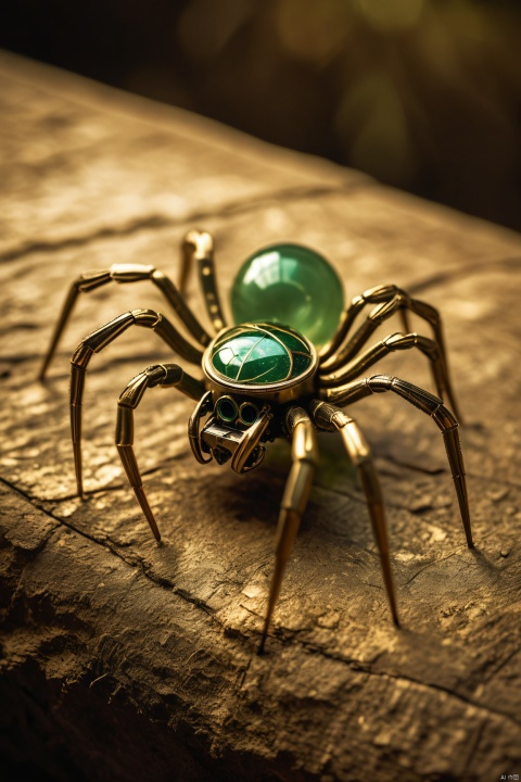 Vintage gold and green mechanical spider, cinematic photography, golden cobweb, web, dark chalk mine, dof, hyperrealism, majestic, awesome, inspiring, closeup, smooth, closeup, rust, rustic, sepia, atmospheric haze, cinamatic composition, soft shadows, national geographic style, green glow, chiaroscuro