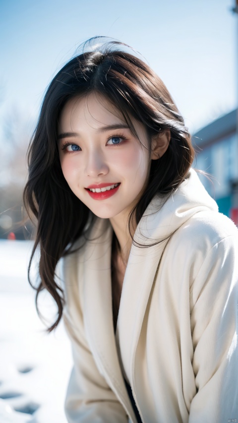  a woman,very beautiful,very pretty,20yo,skinny,detailed blue eyes,dark red lips,wind,Ice and Snow World,upper body shot,(laugh:1.4),