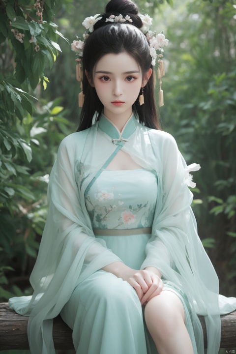  a woman in a green dress sitting on a tree branch with a bird flying over her head and a bird flying over her head,1girl,hanfu,hair ornament,black hair,long sleeves,chinese clothes,shawl,holding,jewelry,solo,long hair,full body,dress,tassel,earrings,tree,forehead mark,wide sleeves,breasts,hair stick,flower,hair bun,green dress,cleavage,bird,closed mouth,norfleet,Best quality,masterpiece,ultra high res, chinese clothes, light master, hanikezi