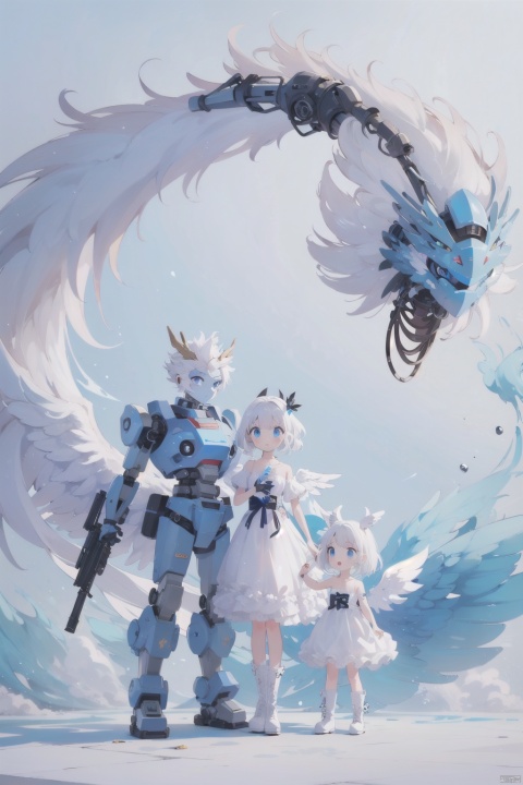  The image depicts a robot girl with white hair and blue eyes, dressed in a white dress and black boots. she has two mecha white wings with a giant fan on each wing. She is standing in a blue splash and carrying a sword on her right and a gun on her left., baimecha, machinery,