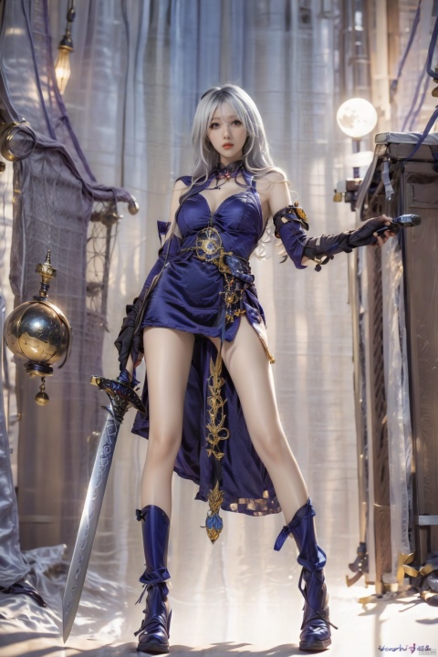  1girl, Looking from bottom to top, long hair, breasts, gloves, dress, holding, standing, full body, weapon, white hair, boots, elbow gloves, night, moon, full moon, blindfold(sword:1)
(Sword behind me:1.4)
