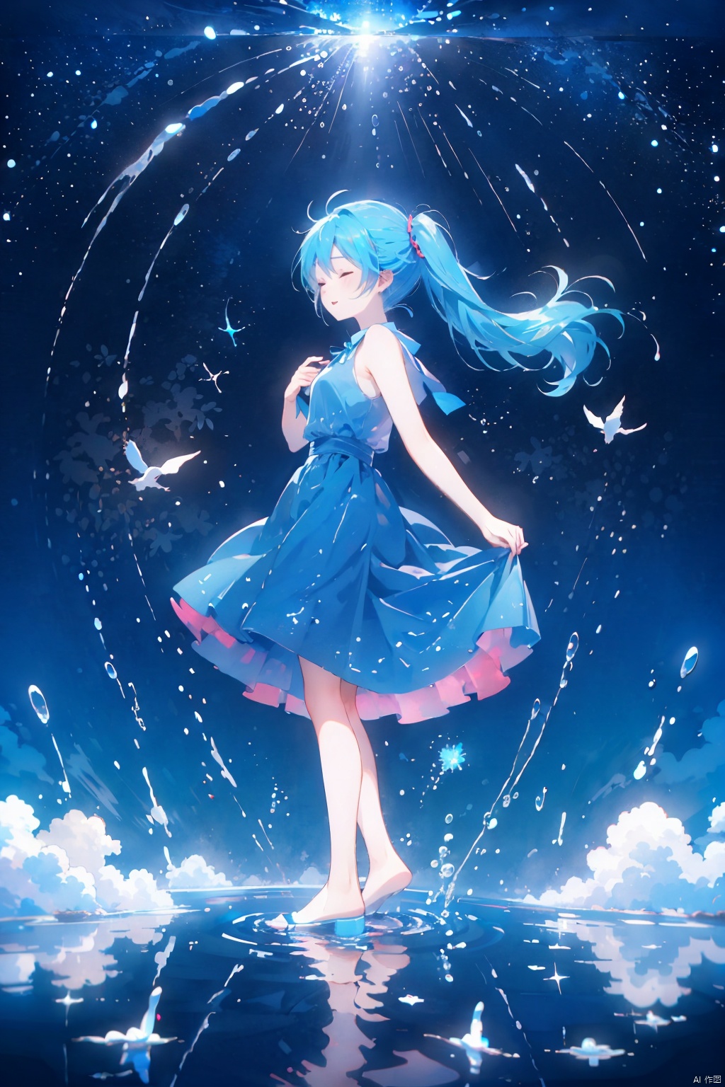  (english text:1.25),(from side), blue theme, (walking_in_liquid), standing_on_liquid, reflective_water, night, only water, (head down), closed eyes, skirt hold,(the surface of the water reflected the brigh stars), light_particles,1girl, very long hair, twintails, solo, hatsune miku, dress, blue hair, full body,water surface, reflection, star (sky), starry sky,,