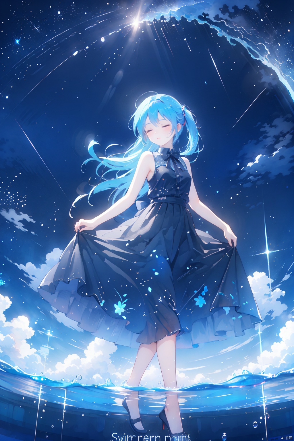  (english text:1.25),(from side), blue theme, (walking_in_liquid), standing_on_liquid, reflective_water, night, only water, (head down), closed eyes, skirt hold,(the surface of the water reflected the brigh stars), light_particles,1girl, very long hair, twintails, solo, hatsune miku, dress, blue hair, full body,water surface, reflection, star (sky), starry sky,,