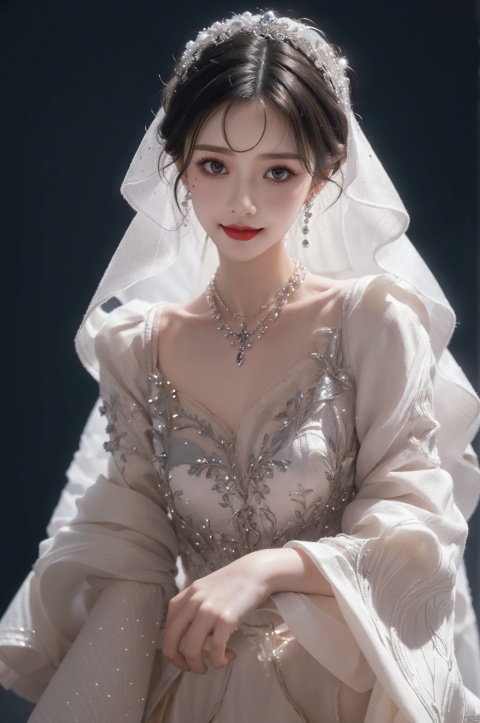  ((Good anatomical structure)), HDR, UHD, 8K, A real person, Highly detailed, best quality, masterpiece, 1girl, realistic, Highly detailed, (EOS R8, 50mm, F1.2, 8K, RAW photo:1.2), ultra realistic 8k,hunsha, 1girl, veil, solo, jewelry, bridal veil, black hair, realistic, earrings, necklace, bride, looking at viewer, smile, red lips,wukelan,full_body
