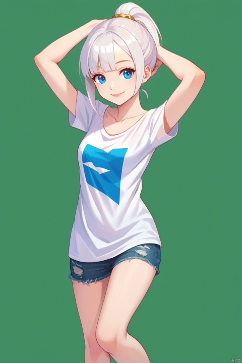  (highly detailed),best quality,1girl,(((breasts out))),((loose t-shirt)),collarbone,bare legs,little smile,white hair,high ponytail,flat chest,arms up,