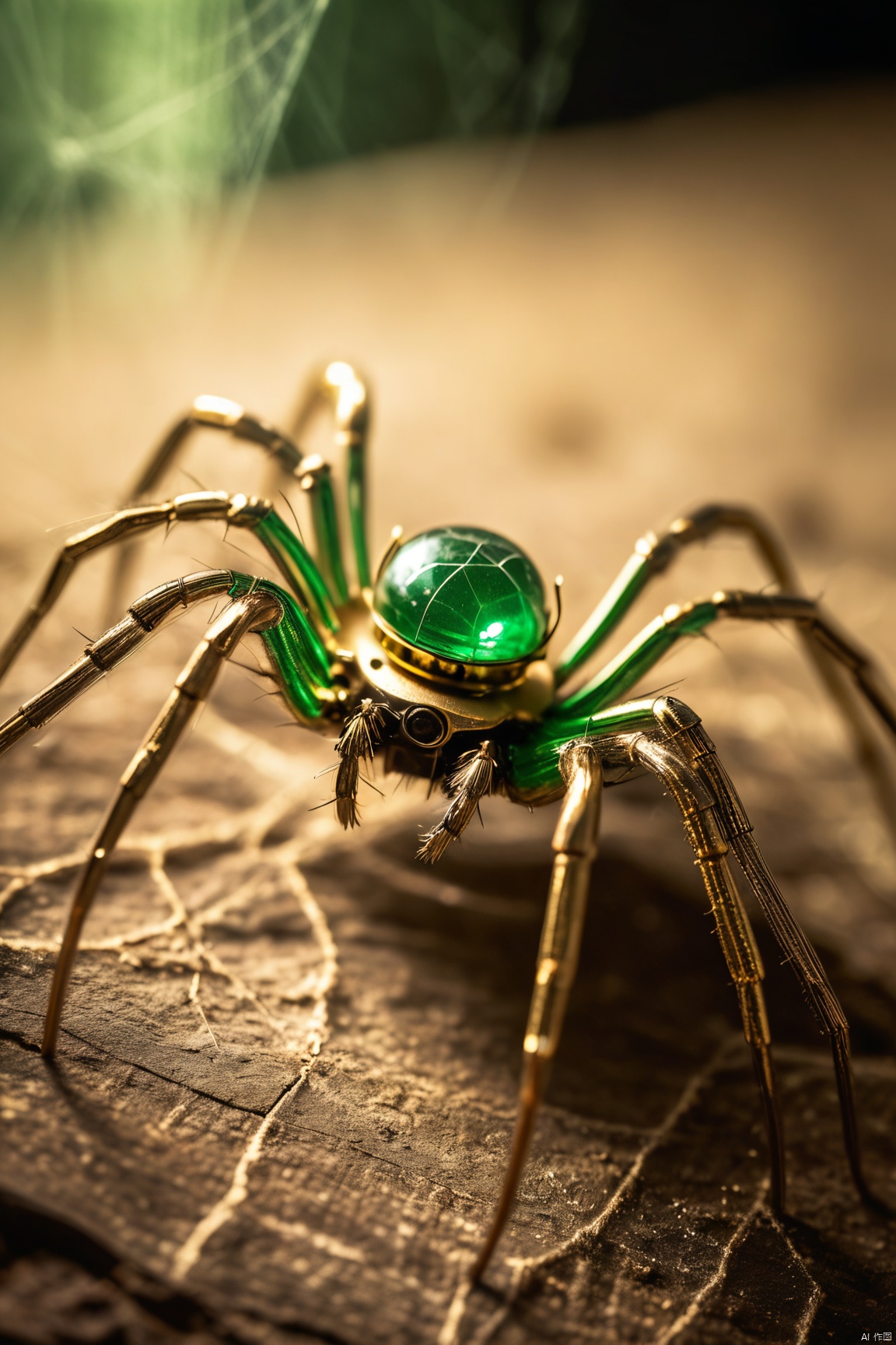  Vintage gold and green mechanical spider, cinematic photography, golden cobweb, web, dark chalk mine, dof, hyperrealism, majestic, awesome, inspiring, closeup, smooth, closeup, rust, rustic, sepia, atmospheric haze, cinamatic composition, soft shadows, national geographic style, green glow, chiaroscuro