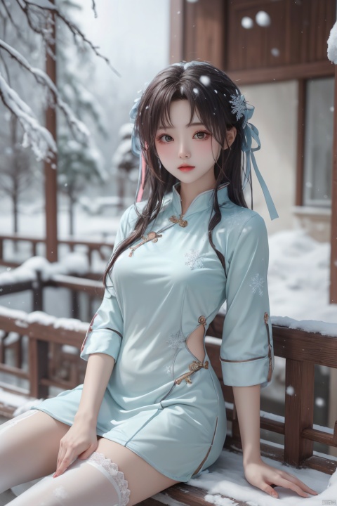  1girl,,,cowboy shot,,white stockings,,sit,,,from front,,,,,,,,,,,,ray tracing,{best quality}, {{masterpiece}}, {highres}, original, extremely detailed 8K wallpaper, {an extremely delicate and beautiful},,incredibly_absurdres,colorful,intricate detail,,,,,,,,,,,,,,snowflakes,falling_snow,snowing,l,,,,,,,,,,,,,,,,,,,,,, , (upper body:1.2), , a girl,dress,moyou, (\meng ze\)