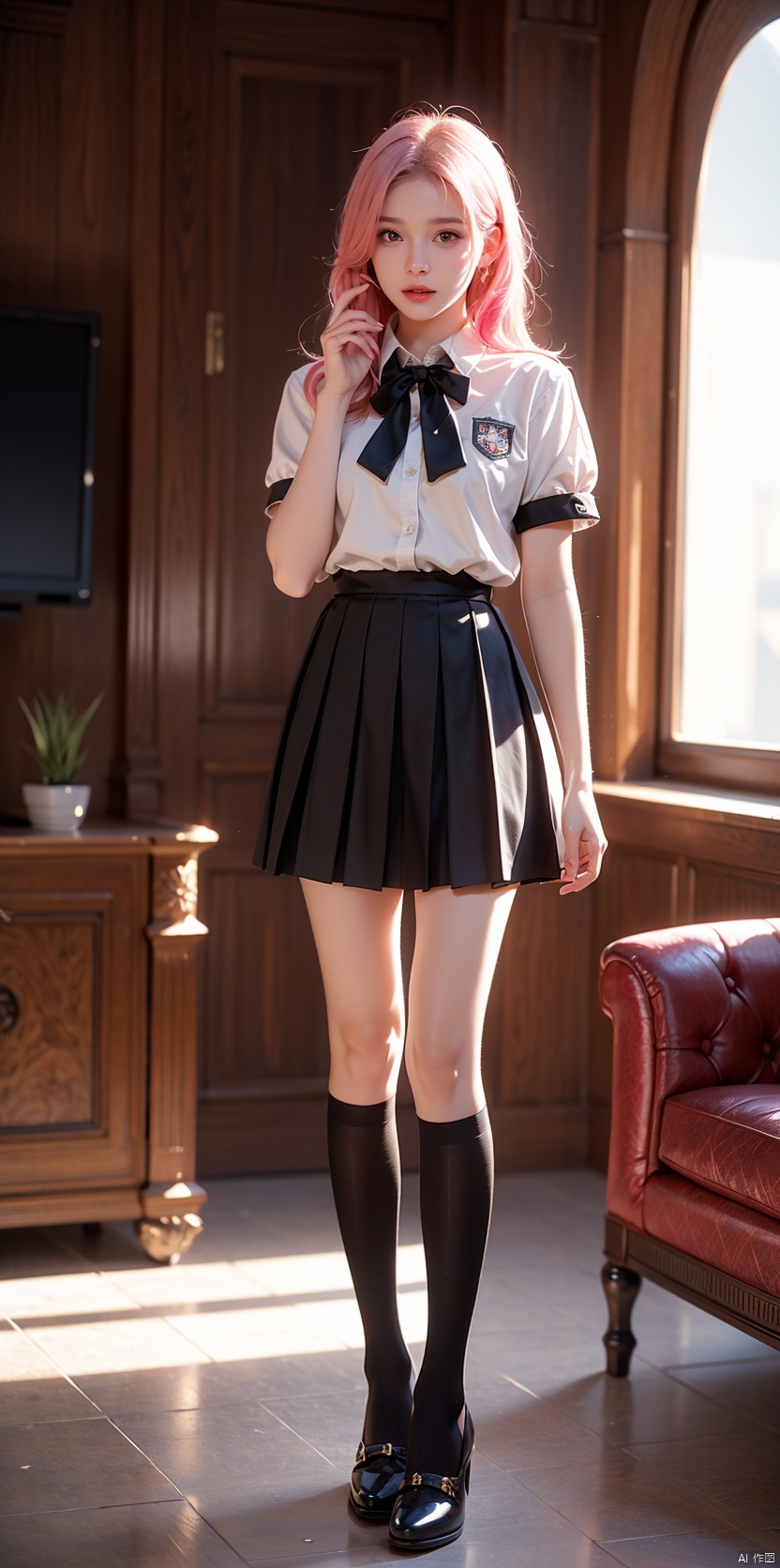  Reality, official art, uniform 8k quality, super detail, fine detail skin, movie angle, movie texture, movie lighting, masterpiece, best picture quality, deep shadows, backlight, silhouette, light, school uniform, pleated skirt, living room, 1 girl, vermilion lips, messy hair, 1 girl, mini skirt, pink hair, showy underwear, huge chest, bj_ Devil_ Angel, Tiffany Lockhart, Serafuku, head up, looking at the audience, with skirts, long legs, standing opposite the audience, looking up from an angle,tutuwl,cyborg,black pantyhose,full body