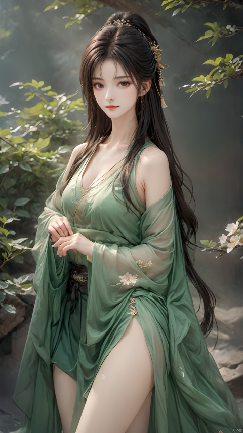  ((full body photo))1girl, full_body, mature female, chinese clothes, jewelry, The Three Kingdoms, green clothes, looking at viewer, mature female, leg_spread, gradient_background, sexy,Gold accessory,Gold accessory, Picture high saturation,The figure is in the center of the picture,(Skin showing:0.7),Cleavage dress,Charming eyes,Bare one's belly,Stockings,Blurry background,Dress luster,leotard,Silk clothing,green dress, hanfu