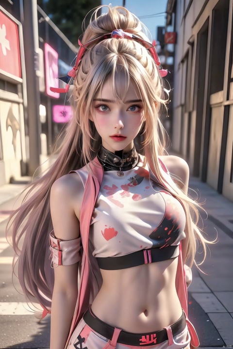  illustration, best quality, ultra-detailed, super detailed skin,cute, lovely, extremely detailed,8K,solo,1girl, detailed background,urban, 💫,⭐️,🌟,✨,night,dynamic angle,beautiful eyes,blash,smile,(streetwear:1.5),street style ,(emphasis splatter ),splatter,graffiti,spraycan,❤️,motion,navel,(croptop:0.8),(ear piercing:0.7),two-tone hair color,(cool),(HDR:1),wind
,(jitome:1.2),perfect hand,active,RETRO ART STYLE, NEON_POP ART STYLE, ART STYLE, hands behind back