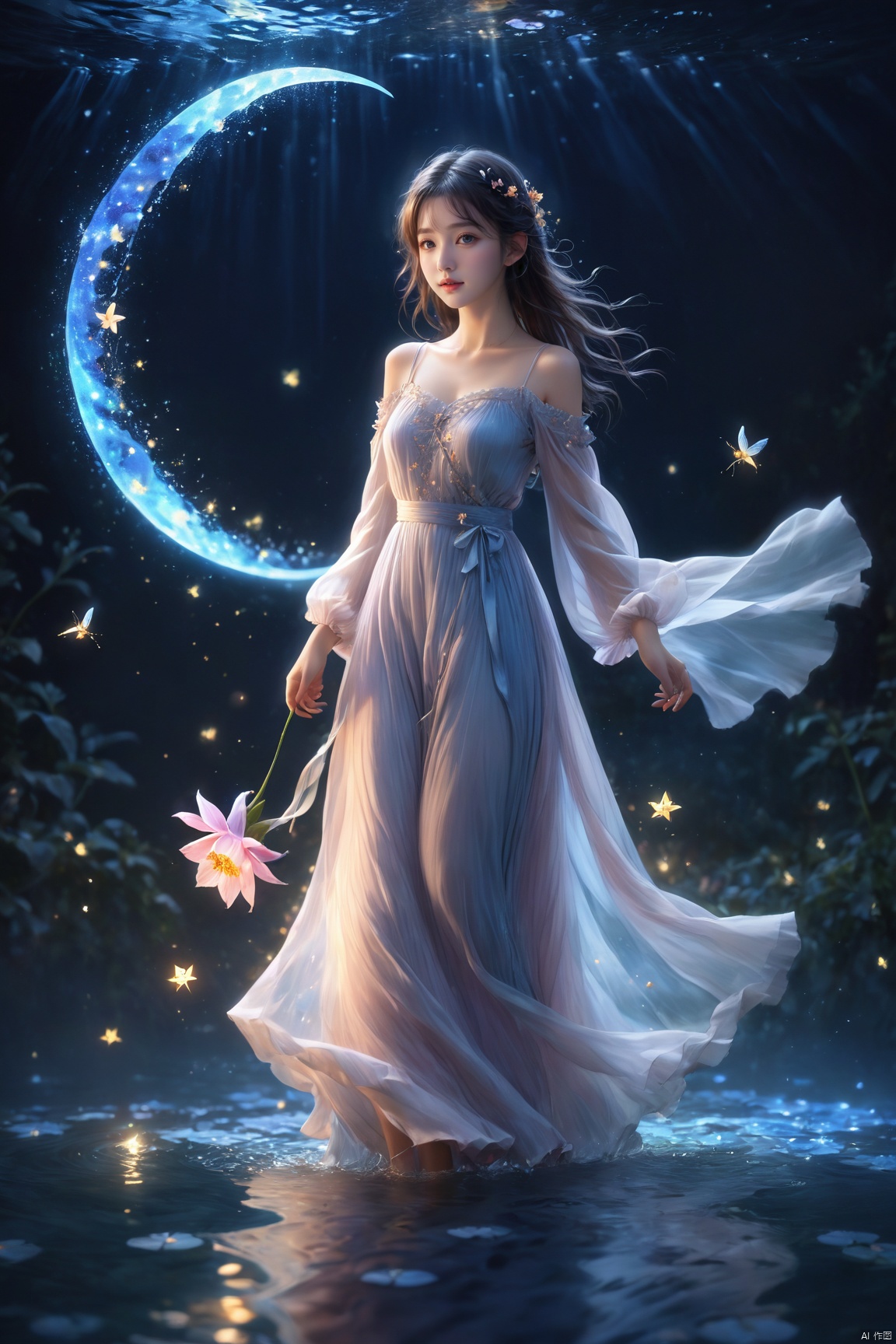  (masterpiece), (best quality), illustration, ultra detailed, hdr, Depth of field, a girl, full body, magic, solo focus, masterpiece, gradient background, summer, best quality, star, deep night, wind, flying flowers,colorful flowers, fireflies, crescent moon, 1 girl, blue long hair, Beautiful and meticulous eyes, small breast, beautiful detailed,off shoulder, beautiful dress,long sleeves ,perfect hand, strong rim light, anime screenshot, bare feet, step in water, solo focus, extremely detailed wallpaper,cinematic lighting, painting, girl, glow, Hazy light,Floodlight, 1girl