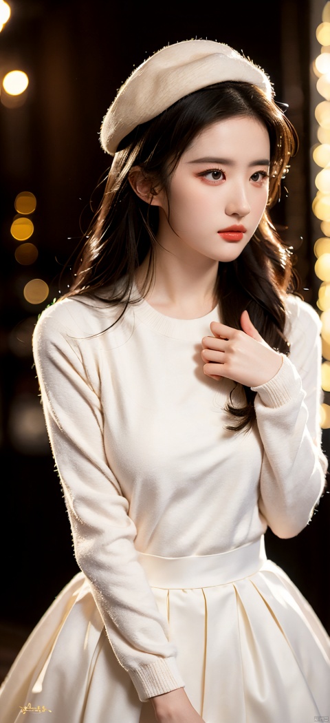  (1girl:1.1),stars in the eyes,(pure girl:1.1),(full body:0.6),There aremanyscatteredluminouspetals,contourdeepening,cinematicangle,goldpowder,,刘亦菲, liuyifei,A girl in a beret stood in the flowers ,Book in hand, wearing a white sweater and a long brown dress.