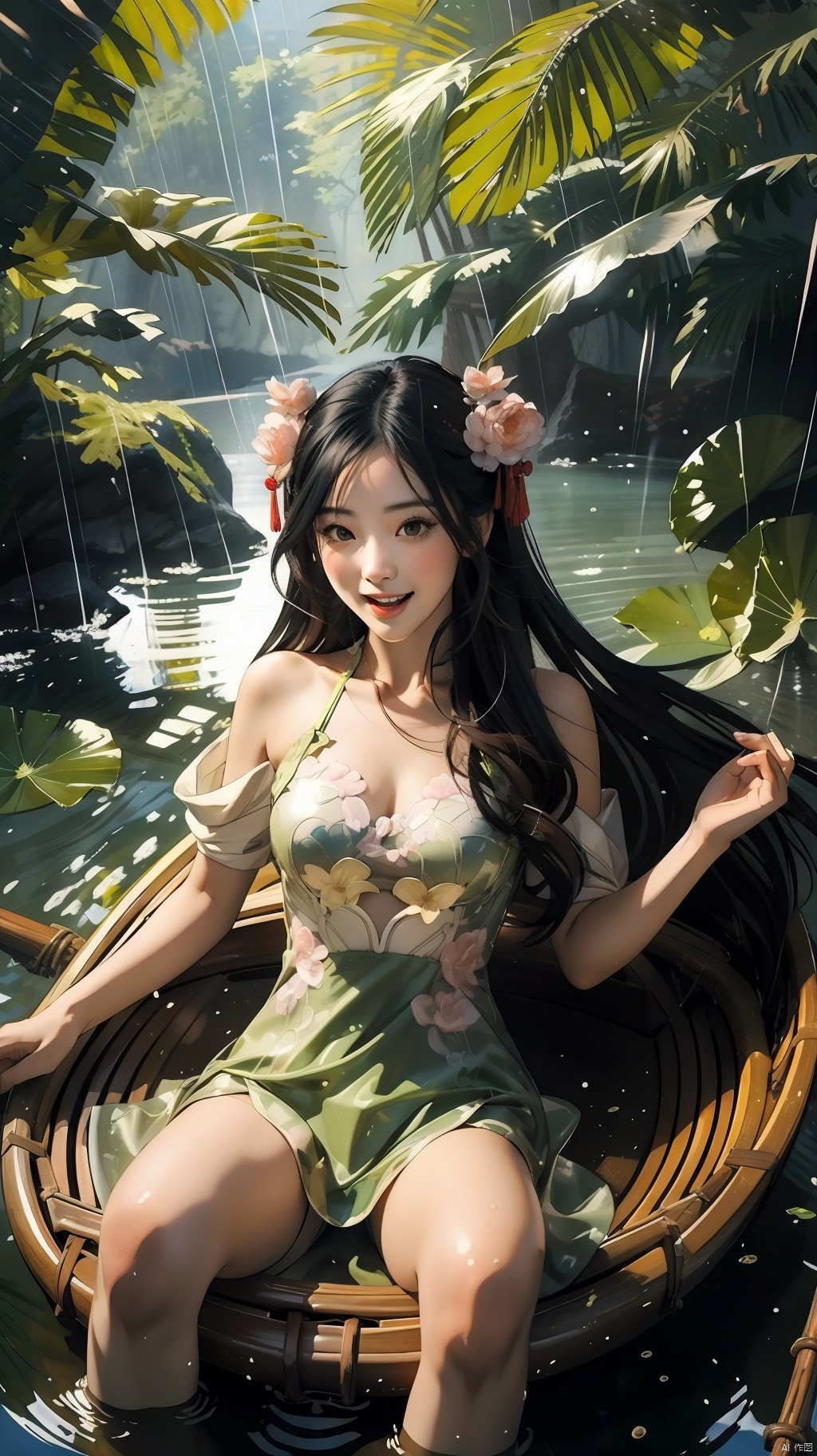  Sunlight, atmosphere, rich details, shot from above, shot from below, detailed background, beautiful sky, floating hair, perfect face, exquisite facial features, high details, smile, Fisheye lens lens, dynamic angle, dynamic posture, Ancient Chinese landscapes, Chinese architecture, Su Di, poetry, Qingming, will leave dancing, elegantly, blank, white and light green, with a combination of Morgan colors, Qiu Ying's painting style, And high end color matching A beautiful girl sitting on a bamboo raft in the water, swimming downstream, eating a Chinese qipao and a thin gauze short qipao A person on the ship Long hair Pond, Huge lotus, rain, rain, bright light, green color, abstract pictures, Surrealism, clear background, clear outline light Edge light, fantasy, spotted light, flat illustration, 1 girl, ((black hair, shy, blush, open mouth)), kahuka1,niji,qipao,nijistyle