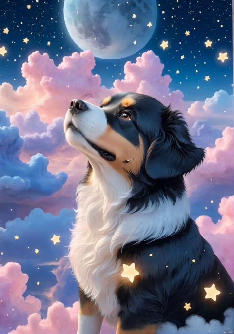  llustration style, hand-painted style,Black furry llustration dog , sparkling Blister,dream, dreamy, stars, soft, clouds, decoration, great works, 8k, movie texture, movie cg, clear details, rich picture, keai, 1girl