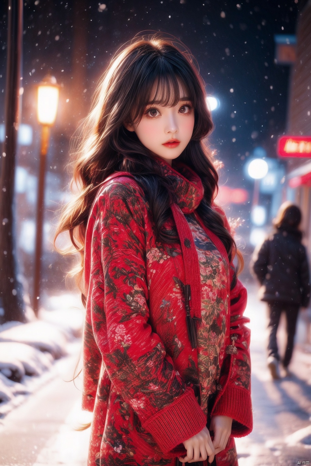  a girl,red wavy long curly hair, beautiful and detailed eyes, scarf, sweater, winter, snowing, standing under the street lamp, upper body, night, night, backlighting,kamisama, northeast big flower jacket, northeast big flower jacket