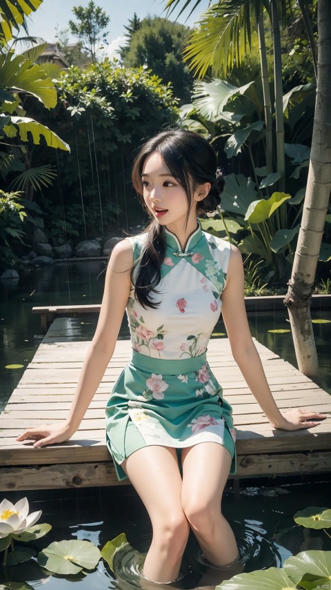  Sunlight, atmosphere, rich details, shot from above, shot from below, detailed background, beautiful sky, floating hair, perfect face, exquisite facial features, high details, smile, Fisheye lens lens, dynamic angle, dynamic posture, Ancient Chinese landscapes, Chinese architecture, Su Di, poetry, Qingming, will leave dancing, elegantly, blank, white and light green, with a combination of Morgan colors, Qiu Ying's painting style, And high end color matching A beautiful girl sitting on a bamboo raft in the water, swimming downstream, eating a Chinese qipao and a thin gauze short qipao A person on the ship Long hair Pond, Huge lotus, rain, rain, bright light, green color, abstract pictures, Surrealism, clear background, clear outline light Edge light, fantasy, spotted light, flat illustration, 1 girl, ((black hair, shy, blush, open mouth)), kahuka1,niji,qipao,nijistyle