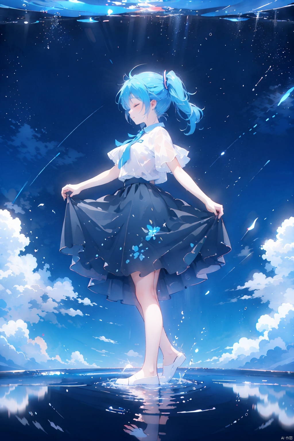  (english text:1.25),(from side), blue theme, (walking_in_liquid), standing_on_liquid, reflective_water, night, only water, (head down), closed eyes, skirt hold,(the surface of the water reflected the brigh stars), light_particles,1girl, very long hair, twintails, solo, hatsune miku, dress, blue hair, full body,water surface, reflection, star (sky), starry sky,,