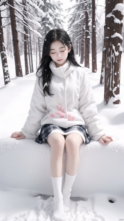  A girl sitting in the white snow closed her eyes and her body had turned white, Be covered with snow, All white, all white, all snow, (full_body:1.2), (full body:1.2), 
, sg,