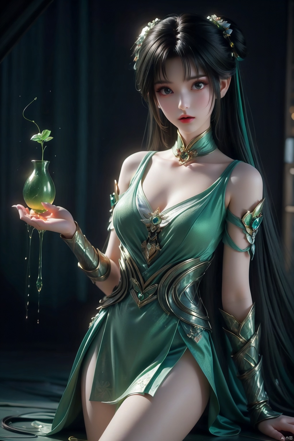 1girl,cowboy shot,hand on own chest,magical abstraction, (green biolumenescent magical glow:1.4), (green tattooes:1.2), (pale skin:1.1), white wavy hair, (delicate and beautiful oriental face), perky breasts, butterflies, (upper thighs shot:1.3), cloudy night, (fantasy style, 8K, masterpiece, best quality:1.15), 
(intricate details:0.9), (hdr, hyperdetailed:1.2),Fantasy,cyberpunk,Semi mechanical girl,cyborg,(full body:1.2)