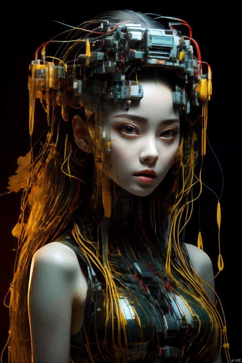  Best quality, masterpiece, photorealistic, 32K uhd, official Art,
1girl, dofas,cyberpunk, makeup,android,black background, Green skin:1.3, takei film