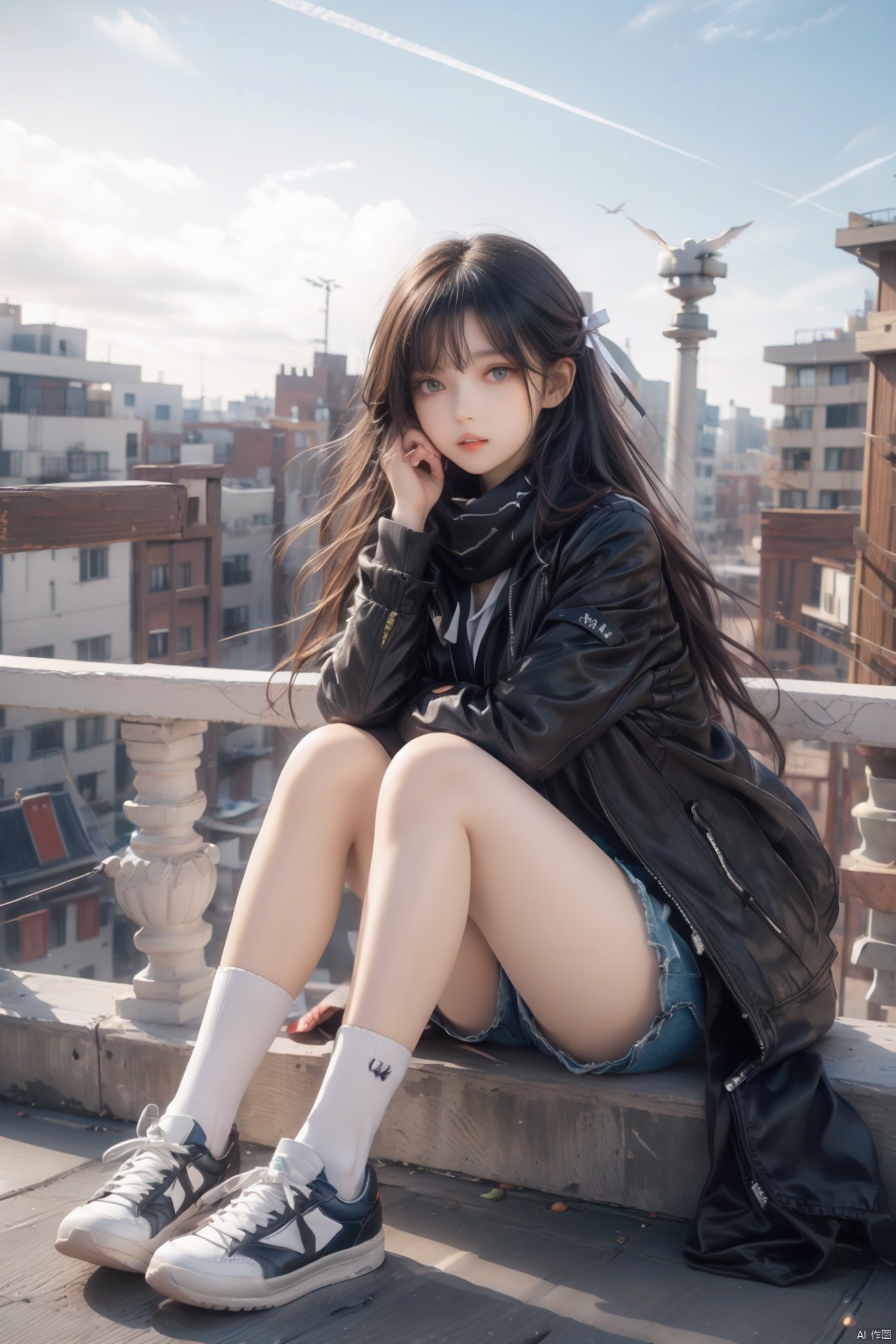  nai3, 1girl, long hair, thighhighs, solo, black hair, white thighhighs, shorts, holding, sitting, green eyes, bird, white footwear, shoes, black shorts, scarf, sneakers, jacket, looking at viewer, outdoors, bangs, long sleeves, shirt, open clothes, full body, short shorts, can, black jacket, sky, holding can, railing, ribbon, black shirt, day, open jacket, parted lips, white ribbon, building, black scarf, crow, cityscape, rooftop