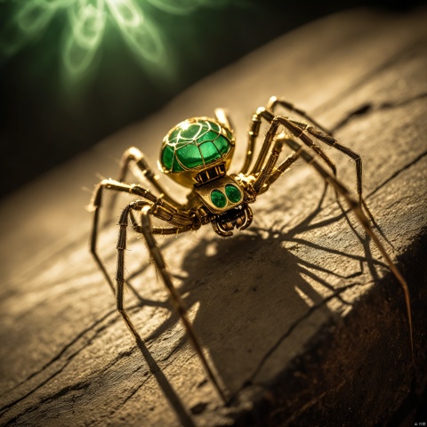 Vintage gold and green mechanical spider, cinematic photography, golden cobweb, web, dark chalk mine, dof, hyperrealism, majestic, awesome, inspiring, closeup, smooth, closeup, rust, rustic, sepia, atmospheric haze, cinamatic composition, soft shadows, national geographic style, green glow, chiaroscuro