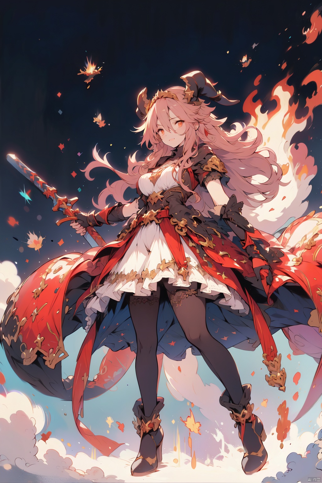  masterpiece,best quality,absurdres,colorful,Dragalia_MYM,floating fire,1girl,weapons,solo,stockings,dress,looking at viewer,horns,dynamic pose,full_body,sky,clouds,colorful world,fire dragon,soft,fantasy