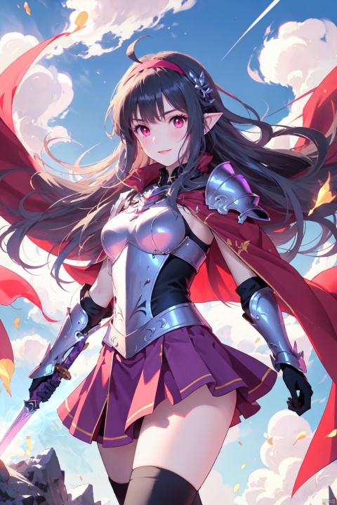  1girl, armor, yuuki \(sao\), glowing sword, solo, holding, glowing weapon, weapon, sword, long hair, red eyes, breastplate, red hairband, ahoge, holding sword, glowing, feet out of frame, looking at viewer, holding weapon, thighhighs, unsheathed, smile, pointy ears, purple hair, hairband, cape, cloud, purple cape, energy, bangs, very long hair, cloudy sky, light particles, knight, sky, closed mouth, black thighhighs, thighs, magic, boots, skirt, dual wielding, day, sheath, hair intakes, leotard, standing, rapier, purple gloves, blush, parted bangs, shiny hair, purple skirt, outdoors, shoulder armor, slit pupils, blue sky, shiny, gauntlets, floating hair, long skirt, armored boots