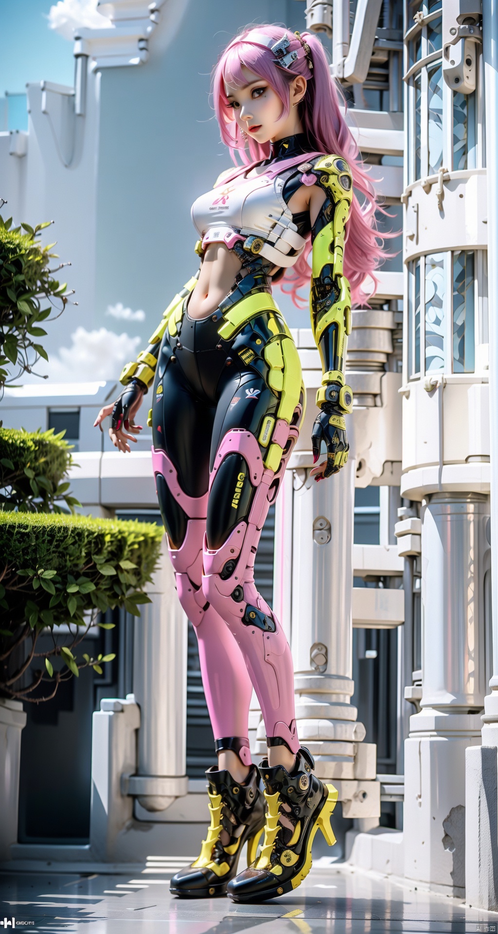  In the square, the crowd is bustling, and various displays of future technology attract people to stop and watch. And in the center of the square, a dazzling golden light caught everyone's attention. It was a woman in a black mech, standing proudly as if she were an eternal statue. Her mecha jacket glows with a golden glow in the sunlight, in sharp contrast to the black subject, giving a strong visual impact. Her long green hair waved in the wind, and her blue eyes were deep and bright, as if they could see everything.
She wore a pink tights that perfectly defined her figure. The pink backpack around her waist adds a bit of playfulness and vitality to her. Her hands were dressed in black combat gloves, each finger flexible, as if she could control everything. The two black wings spread out behind her, making her look like a warrior soaring into the future.
1 gril,masterpiece,full body,standing,
render,technology,4K,Official art, unit 8 k wallpaper, ultra detailed, beautiful and aesthetic, masterpiece, best quality, extremely detailed, science fiction,CG, Pink Mecha, robot girl