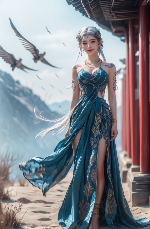  1girl,cowboy shot,magical abstraction, white wavy hair, (delicate and beautiful oriental face), perky breasts, (upper thighs shot:1.3), (fantasy style, 8K, masterpiece, best quality:1.15), (flying in the sky:1.6),
(intricate details:0.9), (hdr, hyperdetailed:1.2),magiccircle,(floating:1.2),long hair,headwear,(standing),((dress,skirt)),, (chinese_clothes), ((tattoo)), (jewelry), (bracelet),((full body,whole body)),sweet smile, (medium breasts),((hair_ornament)),(cleavage:0.797), ((looking_at_viewer)),  fazhen