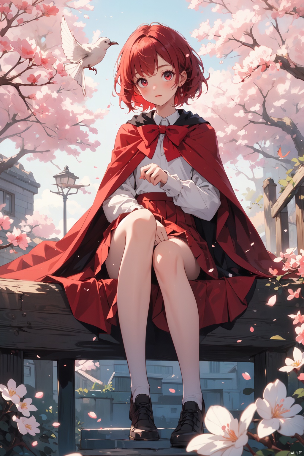 (best quality,4k,8k,highres,masterpiece:1.2),ultra-detailed,HDR,cinematic lighting,1girl,bird,bird on hand,blush,bow,cape,cherry blossoms,closed mouth,full body,hair bow,long sleeves,looking at viewer,red cape,red eyes,red hair,red skirt,short hair,sitting on branch,skirt,tree,
