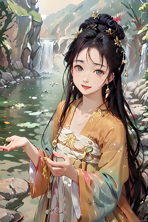  (Masterpiece:1.2), (high quality),(Pixiv:1.4),fansty world,(Delicate background),outdoor,water,floating,colorful,(hanfu, tang style outfits, white upper shan, multicolour chest po skirt, yellow waistband),beautiful face,1girl,close mouth:1.7, chinese paiting